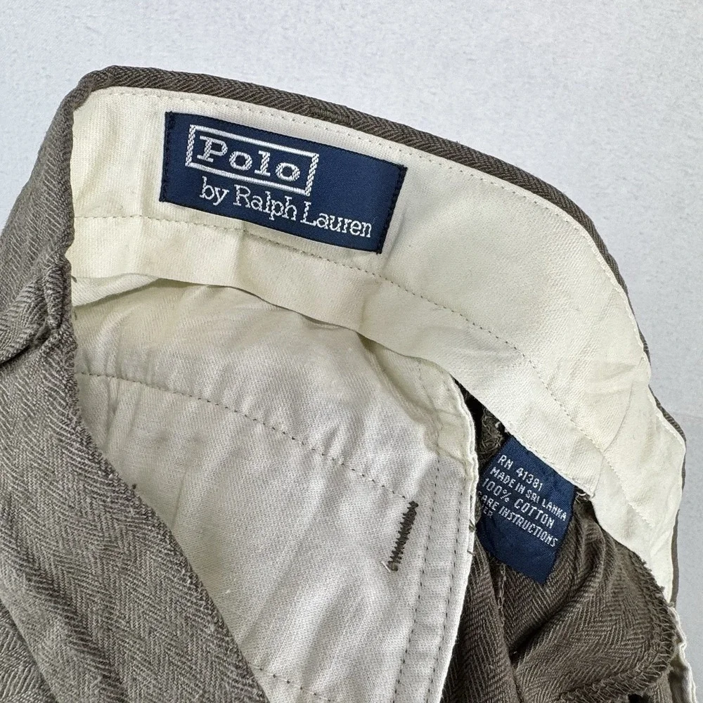 Vtg Polo Ralph Lauren Fits 36x32 Tan Herringbone Pleated Cuffed Dress Pants